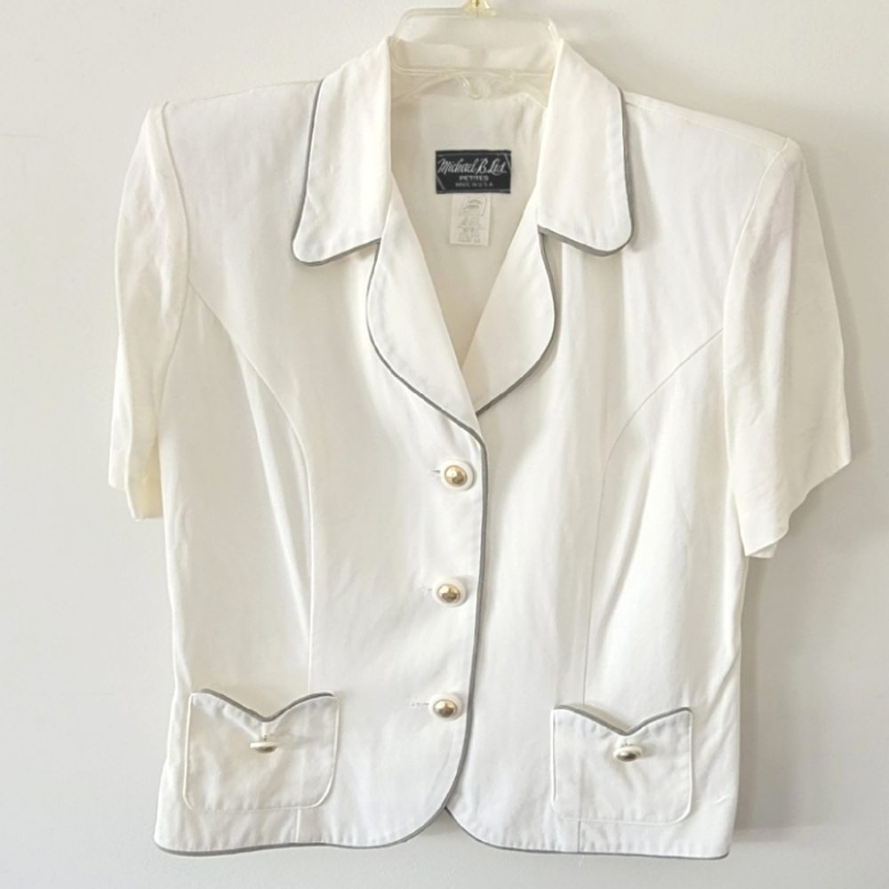 Vintage Michael B. Ltd White Short Sleeve Padded Shoulder Blouse Petites Size 10